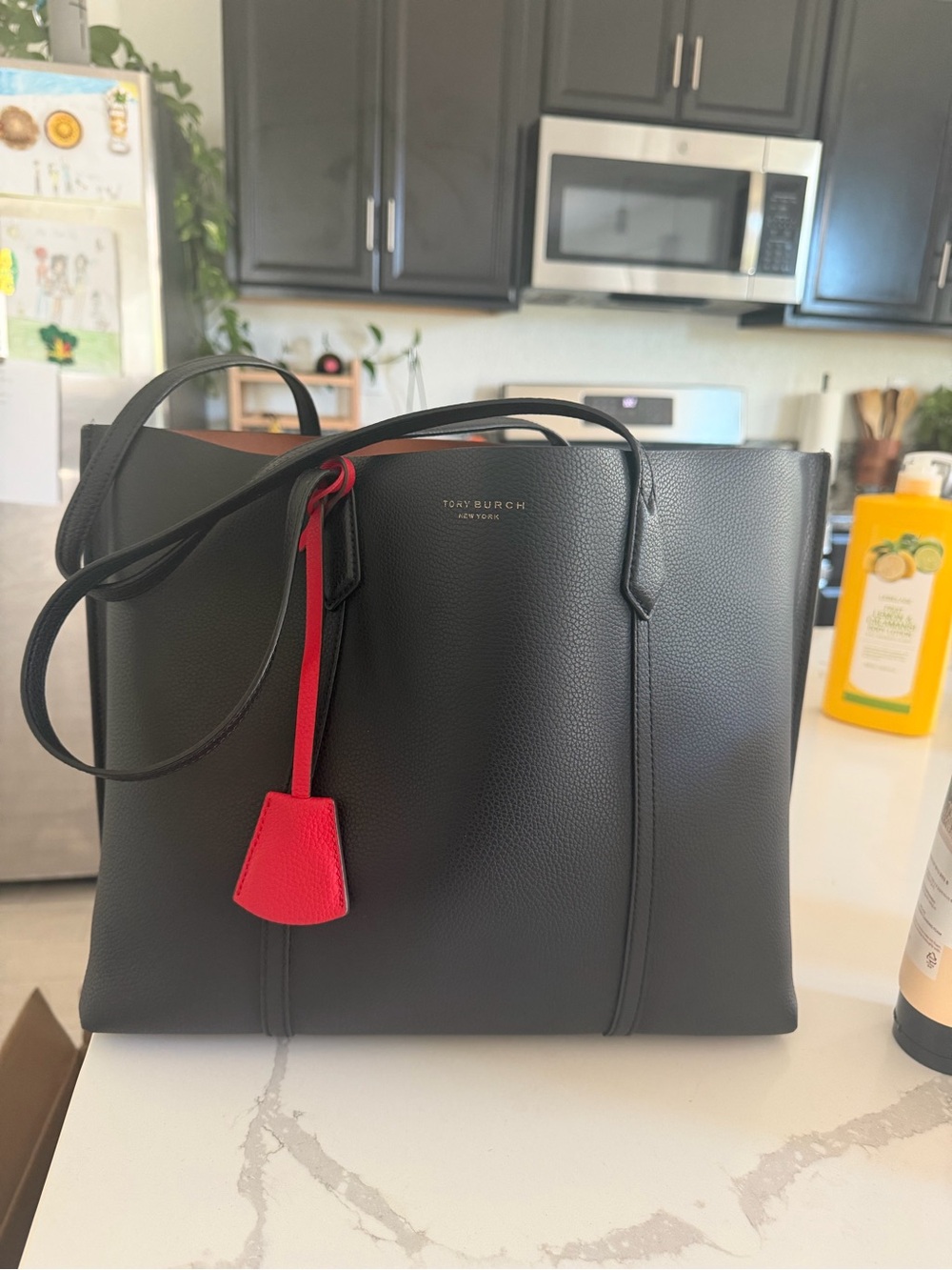 Tory Burch Black Leather Tote with Red Tag